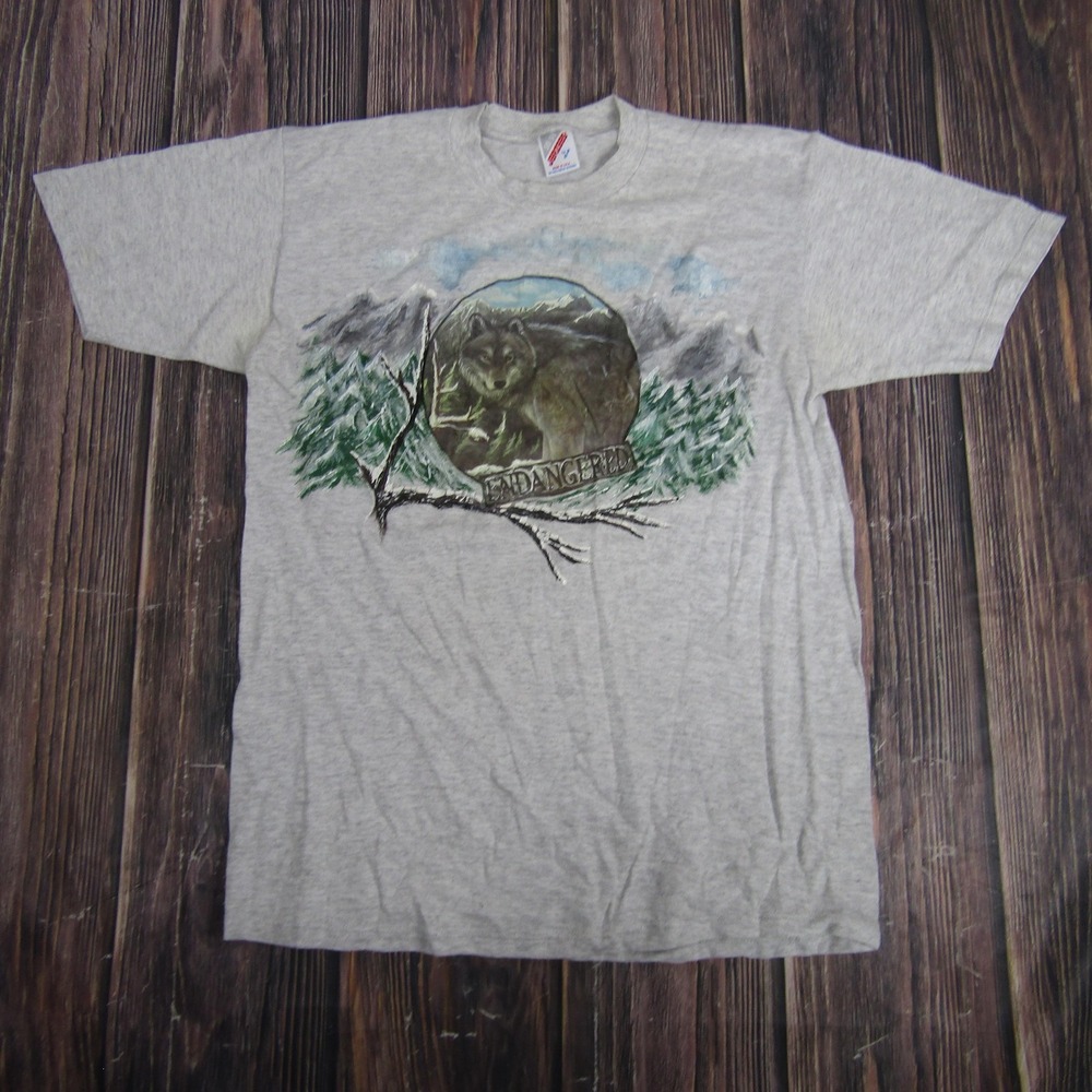 Vintage Jerzees Endangered Wolf Shirt Mens Large Gray Nature‎ Graphic Tee 90s